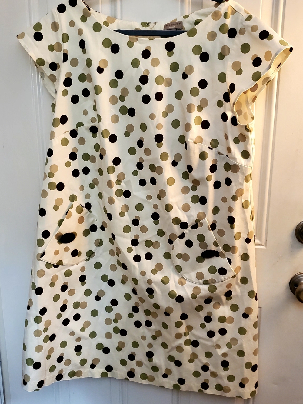 Kim Rogers Cream Dress with Olive and Beige Polka Dots